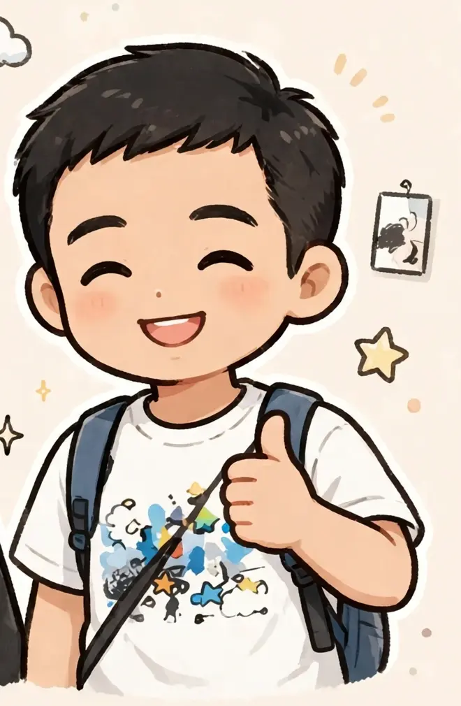 カラフルなTシャツでサムズアップする案内役の仲間のイラスト